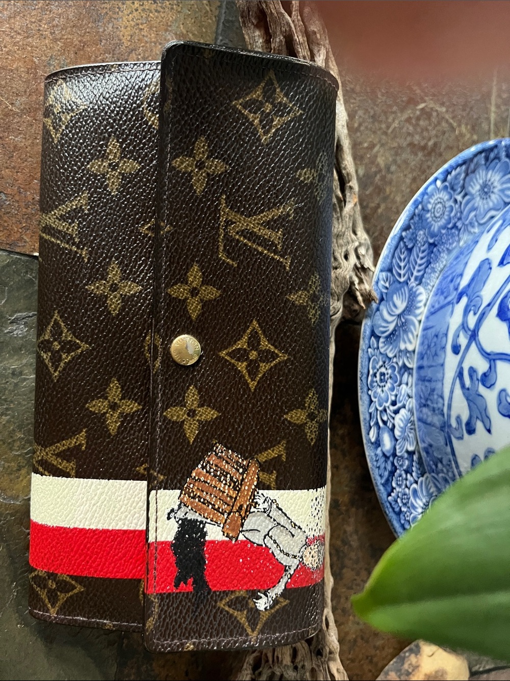 Louis Vuitton Brown Monogram Canvas Wallet with Red and White Painted Stripe